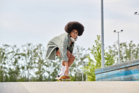 A young African American woman with curly hair confidently rides a skateboard down the ramp in a vibrant skatepark.