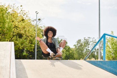 Téléchargez les photos : Jeune femme afro-américaine monte la rampe de skateboard dans le skate park en plein air avec confiance et compétence. - en image libre de droit