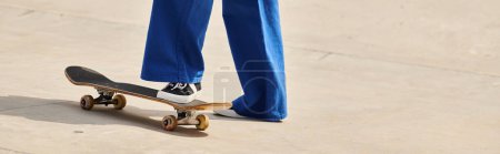 Photo for A young African American woman glides on a skateboard down a city sidewalk, exuding freedom and exhilaration. - Royalty Free Image