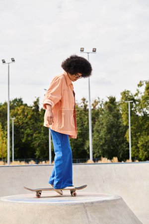 A young African American woman with curly hair skateboarding on a ramp in a vibrant outdoor skate park.
