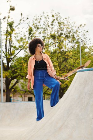 Young African American woman with curly hair confidently skateboarding at a vibrant skate park.