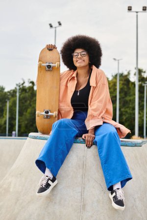 A young African American woman with curly hair confidently sits atop a skateboard ramp in an outdoor skate park.