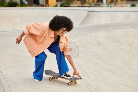 A young African American woman with curly hair skateboarding in a lively skate park, showcasing skills on the skateboard.