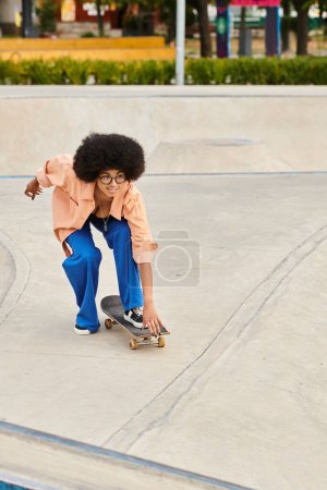 A young African American woman with curly hair skateboarding on a ramp at an outdoor skate park, showcasing impressive skills.
