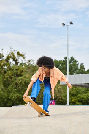A young African American woman with curly hair performing an impressive trick on her skateboard at a skate park.