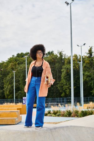 A young Afro-American woman with curly hair confidently stands atop a skateboard ramp in a skate park, ready for her next move.