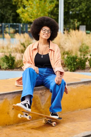Foto de Una joven afroamericana con el pelo rizado se sienta en una repisa sosteniendo un monopatín en el parque de skate. - Imagen libre de derechos