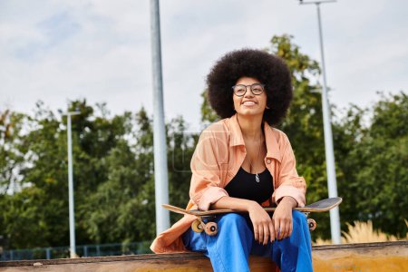 Téléchargez les photos : Une jeune Afro-Américaine aux cheveux bouclés s'assoit par terre avec une planche à roulettes dans un skate park. - en image libre de droit