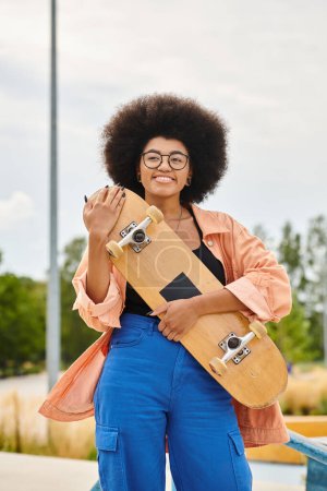 A stylish African American woman with an afro hairdo confidently holds a skateboard in a skate park.