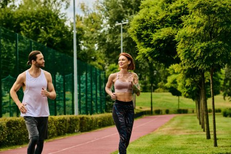 A man and woman in sportswear are sprinting through a lush park, showcasing determination and motivation in their outdoor workout session.