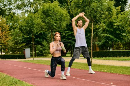 A personal trainer guides a woman as they exercise together on a track, displaying determination and motivation.
