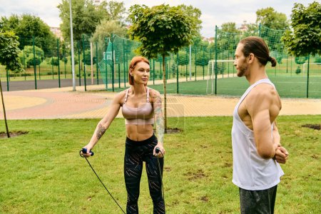 A woman in sportswear work out with a personal trainer in a park, showcasing determination and motivation.