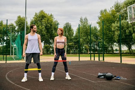 Ein Mann und eine Frau in Sportkleidung trainieren auf einem Platz mit Entschlossenheit und Motivation.