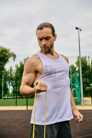 Foto de Un hombre determinado en ropa deportiva sostiene un elástico amarillo mientras hace ejercicio - Imagen libre de derechos