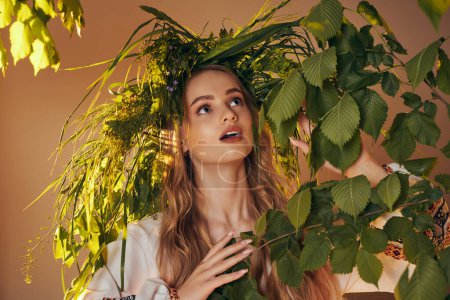 Eine junge Mavka in traditionellem Outfit steht anmutig vor einer üppig grünen Pflanze in einem märchenhaften und fantasievollen Atelier-Setting.