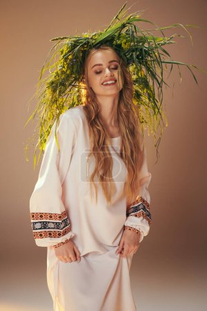 Un joven mavka en un vestido blanco adornado con una corona de plantas en un entorno de estudio de hadas y fantasía.