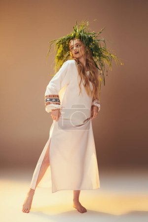 Die junge Mavka im weißen Kleid balanciert anmutig eine Pflanze auf ihrem Kopf in einer skurrilen und bezaubernden Zurschaustellung.