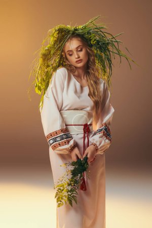 Téléchargez les photos : Jeune mavka portant une robe blanche traditionnelle ornée d'une couronne dans un décor studio fantaisiste. - en image libre de droit