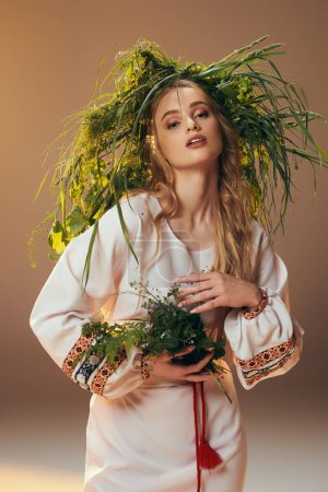 Ein junges Mädchen in einem weißen Kleid hält zart eine lebendige Pflanze in einem ruhigen Atelierambiente.