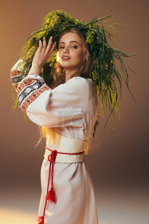 A young mavka in a traditional outfit adorned with an ornate wreath, exuding fairy and fantasy vibes in a studio setting.