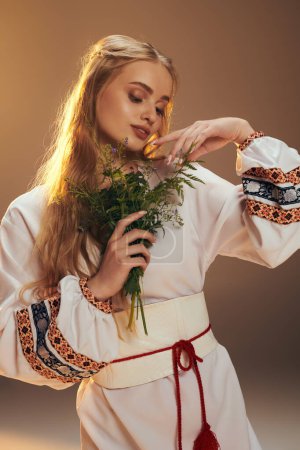 Une jeune femme en robe blanche tient un bouquet de fleurs dans un décor de studio de fées et de fantaisie.