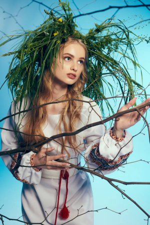 Une jeune mavka en robe blanche tient délicatement une branche feuillue dans un décor studio fantaisiste.