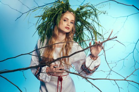 Eine junge Mavka, geschmückt in traditioneller Kleidung, hält elegant einen Zweig mit einem Kranz auf dem Kopf in einem mystischen Atelier-Ambiente.