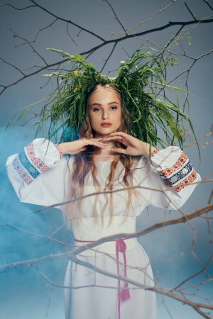 Eine mystische junge Frau in Weiß balanciert zart eine Pflanze auf ihrem Kopf in einem magischen Atelier.