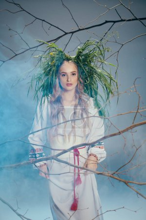 Eine junge Frau in einem weißen Kleid steht anmutig vor einem majestätischen Baum und strahlt eine Aura der Ruhe und Eleganz aus..