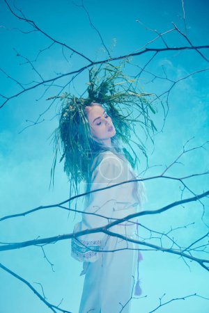 A young woman in a traditional outfit standing gracefully amidst the branches of a tree in a fairy and fantasy-inspired studio setting.