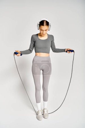 Sportliche junge Frau in aktiver Kleidung, hält Springseil in der Hand, hört Musik über Kopfhörer auf grauem Hintergrund.