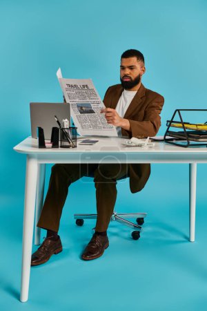 Ein Mann sitzt an einem eleganten Schreibtisch, vertieft in eine vor ihm ausgebreitete Zeitung, vertieft in die neuesten Nachrichten.