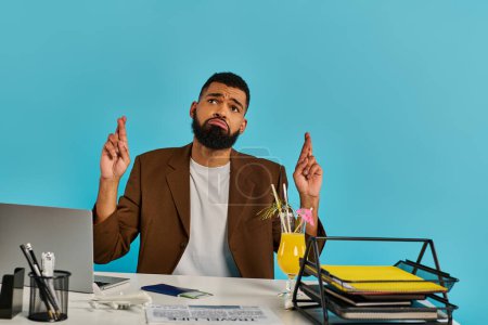 Un homme est assis à un bureau, absorbé dans son travail, avec un ordinateur portable ouvert devant lui, illuminé par la douce lueur de l'écran.
