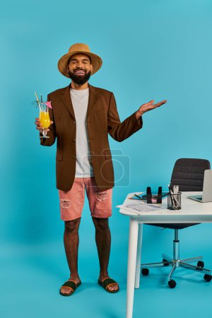 A stylish man in a classic hat is gracefully holding a drink, exuding sophistication and relaxation in a luxurious setting.
