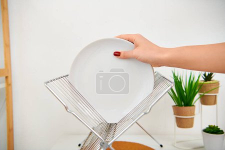 Una mujer elegante con atuendo casual delicadamente sostiene un plato blanco en un soporte decorativo en su hogar limpio y organizado.