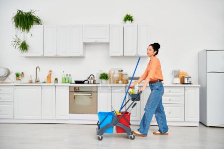A stylish woman effortlessly pushes a shopping cart in a sleek kitchen, showcasing effortless style and grace in household chores.