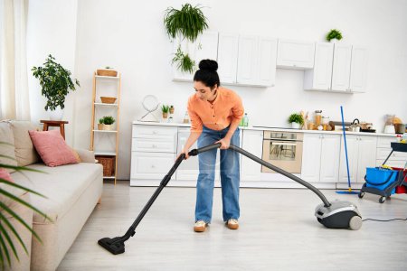 A stylish woman in casual attire efficiently vacuums her living room, bringing order and cleanliness to the space.