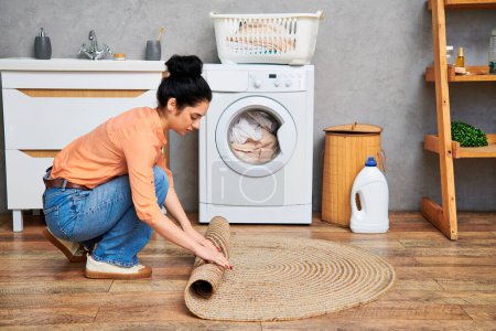 Eine stilvolle Frau in legerer Kleidung kniet neben einem bunten Teppich, während sie ihr Haus putzt.