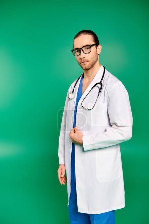 Un guapo doctor con una bata blanca y pantalones azules se levanta con confianza sobre un fondo verde.