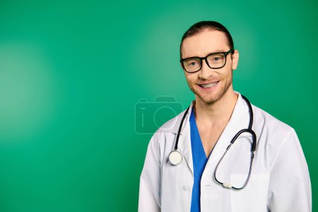 A handsome male doctor in a white coat posing on a green backdrop.