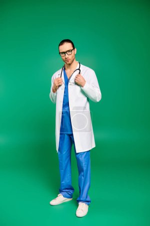 A handsome doctor in a white coat and blue pants strikes a pose on a green backdrop.