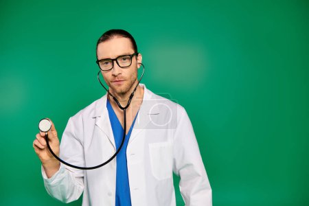Handsome doctor in lab coat holding stethoscope on green backdrop.