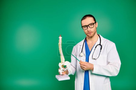 Photo for Male doctor examines human skeleton model. - Royalty Free Image