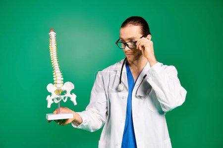 Doctor en bata blanca sostiene modelo esqueleto humano.