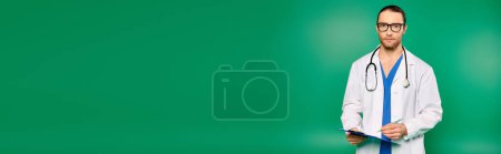 Téléchargez les photos : A handsome doctor in a white medical robe poses confidently in front of a vibrant green backdrop. - en image libre de droit