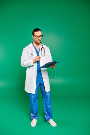 Foto de Médico guapo con un abrigo blanco y pantalones azules posando sobre un fondo verde. - Imagen libre de derechos