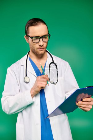 Handsome doctor in white coat holding clipboard on green background.