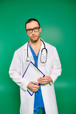 Schöner Arzt in weißem Mantel und blauem Peeling vor grünem Hintergrund.