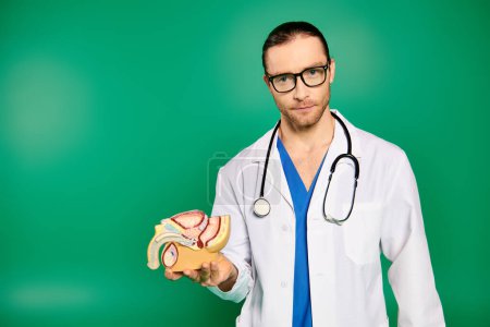 Handsome doctor in white lab coat holding model of body against a green backdrop.