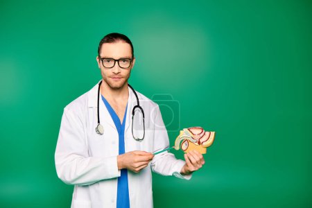 Photo for Male doctor in white robe holding model of human body. - Royalty Free Image